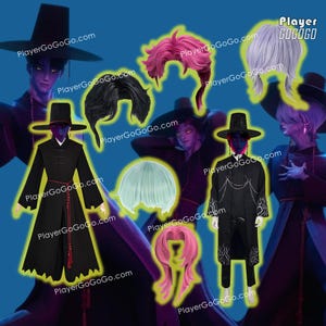 May include: A selection of cosplay items, including black hats, wigs in various colours, and black costumes. The image features the text "PlayerGoGoGo.com" in multiple locations. The costumes have red and silver accents.