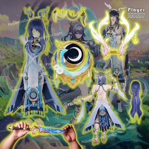 Puede incluir: Un collage de artículos de cosplay de fantasía. La imagen presenta un disfraz azul y blanco, un escudo decorativo con un diseño de media luna y una daga azul. Elementos adicionales incluyen una peluca y tocados decorativos. El texto "PlayerGoGoGo.com" es visible.