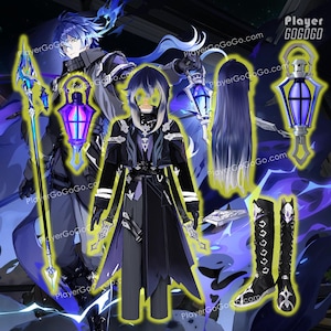 May include: A cosplay ensemble featuring a black and purple outfit with intricate detailing, a long wig, and matching accessories. The set includes a staff, boots, and a lantern with a glowing purple light. The overall theme is fantasy or anime-inspired.