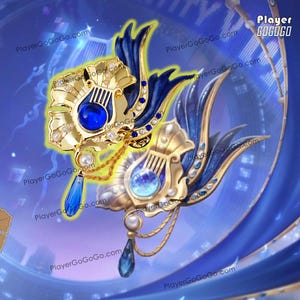 Könnte beinhalten: Zwei verzierte, goldfarbene Haaraccessoires mit blauen und weißen Akzenten. Jedes hat ein Leier-Design mit einem großen blauen Edelstein in der Mitte, umgeben von Perlen und einem hängenden blauen Tropfen. Fantasy- oder Cosplay-Ästhetik.