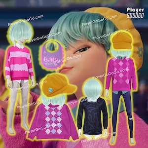 May include: A display of cosplay outfits featuring a pink and white striped sweater, a purple argyle sweater, a black patterned shirt, and a yellow cap. A purple bib with the word "BABY" is also shown. The outfits are displayed on mannequins.