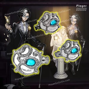 May include: Silver ring featuring a snake design around a large, oval, turquoise-coloured stone. The ring has an ornate, vintage-inspired setting. The image also features a character illustration in a dark setting.