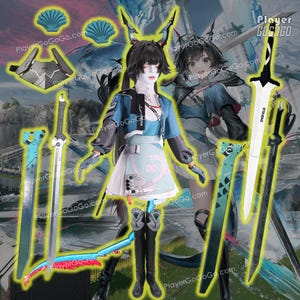 May include: A cosplay ensemble featuring a character in a blue and white outfit, black boots, and a short skirt. The image includes several prop swords, a headpiece, and other accessories. The text "EXOFIELD" is visible on one of the swords.