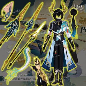 May include: A cosplay costume set featuring a black and white outfit with blue and gold accents. The set includes a long coat, pants, boots, and accessories like a wig, spear, and arm guards. The costume has a fantasy theme.