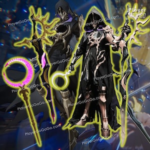 May include: A black and gold hooded costume with detailed armour. The costume features a long cloak, metallic accents, and a mask. The image also shows a staff with a pink crescent and a bow and arrow.
