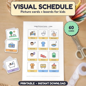 May include: A visual schedule set featuring 60 printable picture cards and boards for kids. The cards display colorful icons for daily tasks like wake up, toilet, wash hands, brush teeth, get dressed, breakfast, brush hair, shoes on, backpack, coat on, bus, and school.