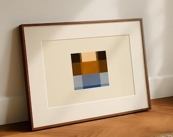 Lámina artística geométrica azul y naranja: decoración de pared de estilo moderno de mediados de siglo.