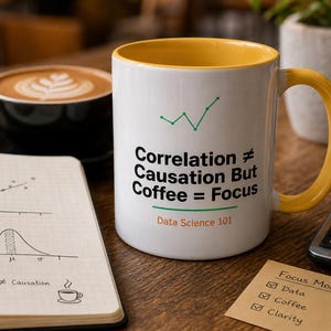 Puede incluir: Una taza de cerámica blanca con interior y asa amarillos, que presenta un icono de gráfico de líneas verde y texto negro que dice Correlation ≠ Causation But Coffee = Focus, con el texto naranja Data Science 101 debajo de la frase.