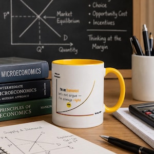 May include: A white ceramic mug with a yellow interior and handle, featuring a graphic of an upward-sloping curve on a graph. The text reads: Being an Economist, I'm an Economist let's not argue - I'm always right, and Being right.