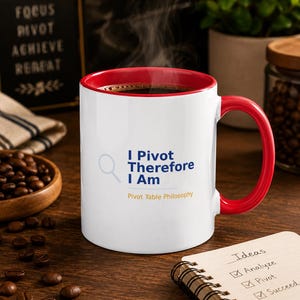Könnte beinhalten: Ein weißer Keramikbecher mit leuchtend rotem Innenraum und Henkel. Auf der Vorderseite befindet sich ein blaues Lupensymbol, der blaue Schriftzug "I Pivot Therefore I Am" und der gelbe Text "Pivot Table Philosophy". Der Becher ist mit Kaffee gefüllt.