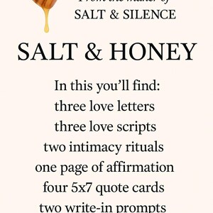 Paquete imprimible de Sal y Miel. Cartas románticas, tarjetas con frases, rituales íntimos y frases de amor.