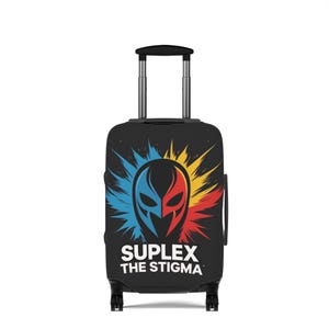 Bold Luggage Cover for Travel Enthusiasts, Personalized Suitcase Protector, Unique Travel Gift, Suplex the Stigma Design, Adventure Ready