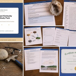 May include: A homeschool science unit pack with the text "Homeschool Kentucky Geode Study Pack" and "A Complete Homeschool Science Unit for Families." The image includes geodes, worksheets, and a certificate of achievement.