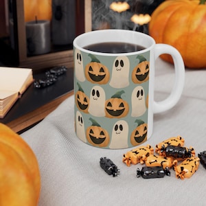 Adorable Halloween Coffee Mug, Cute Ghost and Pumpkin Design, Fall Decor Gift, Coffee Lover Gift, Spooky Season Mug, Halloween Party