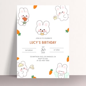 Editable Bunny Birthday Invitation Template, Printable Bunny Party Invite, Rabbit Birthday Invite, Sweet Bunny Girl Birthday