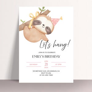 Sloth Birthday Invite Template, Let’s Hang Sloth, Sloth Birthday Invitation, Printable Kids Birthday Template, Editable Digital Invite