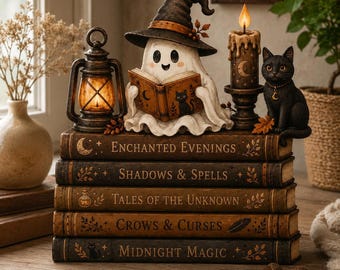 May include: A decorative figurine set featuring a white ghost wearing a black witch hat and reading a book, a black cat, a lit lantern, and a candle on a stack of five books titled Enchanted Evenings, Shadows & Spells, Tales of the Unknown, Crows & Curses, and Midnight Magic.