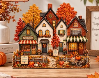 Fall Harvest Village Wooden Block, Autumn Shelf Sitter, Pumpkin Market Decor, Thanksgiving Fall Home Decor