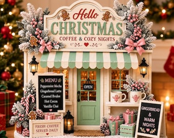 May include: A decorative miniature coffee shop display featuring the text Hello Christmas Coffee & Cozy Nights. The structure includes a green striped awning, a menu board, two mugs, gift boxes, and frosted pine branches with pink berries.