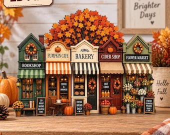 Fall Village Wooden Block, Autumn Bookshop Shelf Sitter, Autumn Village Miniature, Thanksgiving Table Accent, Rustic Harvest Mantle Art