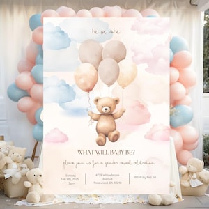 May include: A gender reveal invitation featuring a watercolor illustration of a teddy bear holding balloons. The invitation includes the text "He or She" and "What will baby be?" with event details: Sunday, Feb 9th, 2025, 3pm, and RSVP by Feb 1st.