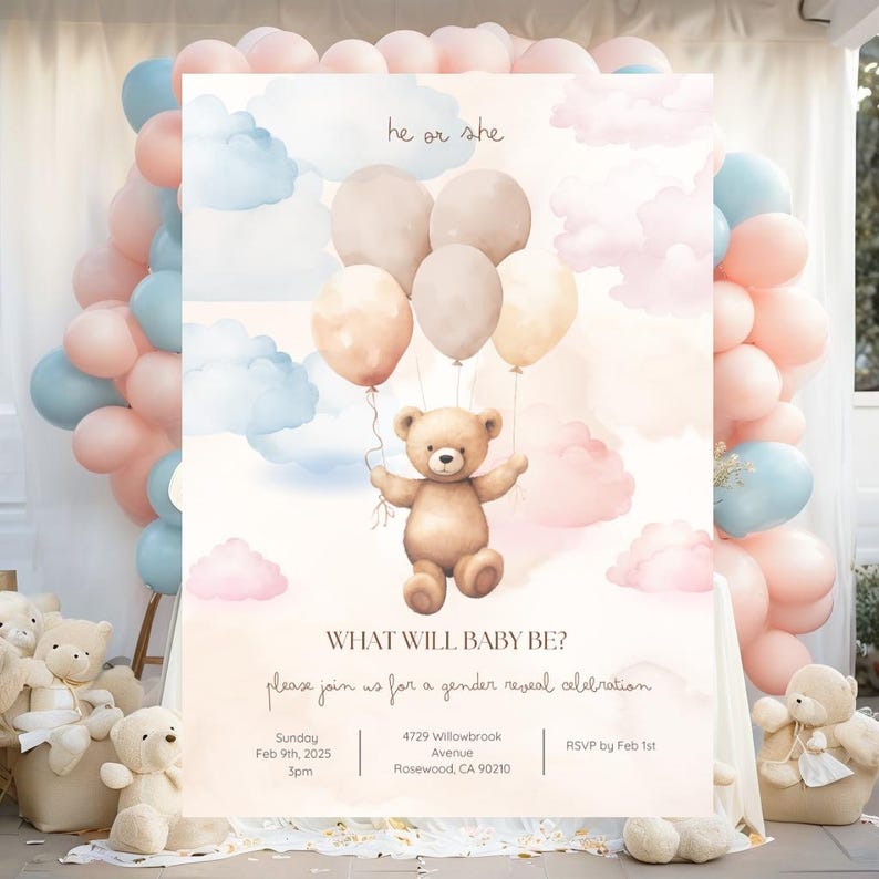 May include: A gender reveal invitation featuring a watercolor illustration of a teddy bear holding balloons. The invitation includes the text "He or She" and "What will baby be?" with event details: Sunday, Feb 9th, 2025, 3pm, and RSVP by Feb 1st.