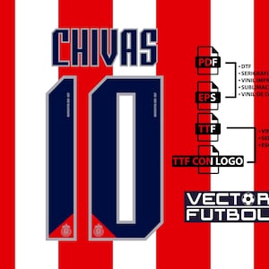 May include: A digital graphic featuring the text CHIVAS and the number 10 in dark blue with grey outlines, set against a background of vertical red and white stripes. Icons for PDF, EPS, TTF, and TTF CON LOGO are displayed with text labels.
