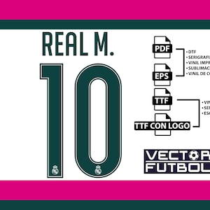 Puede incluir: Un gráfico digital que presenta el texto REAL M. sobre un número 10 grande en verde oscuro con un borde blanco. La imagen incluye iconos de formato de archivo para PDF, EPS y TTF, junto con etiquetas de texto para métodos de impresión y la marca VECTOR FUTBOL.