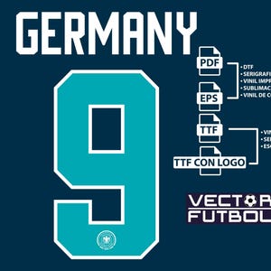 Puede incluir: Un gráfico azul marino con la palabra "GERMANY" en blanco sobre un número 9 turquesa. El número tiene un contorno blanco y un pequeño emblema en la parte inferior. Texto adicional e iconos de tipo de archivo a la derecha.