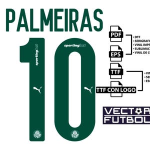 Op de afbeelding: Een donkergroen en wit grafisch ontwerp voor een voetbalteam, met het woord "PALMEIRAS" boven het nummer "10". Het ontwerp bevat het Puma-logo, het "sportingbet"-logo en bestandstype-pictogrammen met bijbehorende tekst.