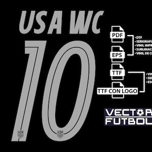 May include: Black graphic design with the text "USA WC" above the number "10" in gray. The image includes file type icons (PDF, EPS, TTF) with associated text, and the "VECTOR FUTBOL" logo.