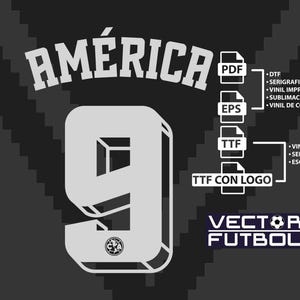 May include: A digital graphic featuring the word AMÉRICA in a bold, light gray font above a large, three-dimensional light gray number 9 with a small circular logo inside. Includes file format icons for PDF, EPS, and TTF with text labels.