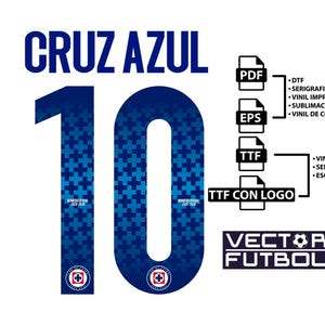 Puede incluir: Diseño gráfico azul marino con el texto "CRUZ AZUL" y el número "10" en un patrón de cruces azules. Incluye iconos de tipo de archivo (PDF, EPS, TTF) y el texto "VECTOR FUTBOL".