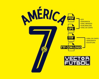 May include: A yellow digital graphic featuring the dark blue text AMÉRICA arched over a large dark blue number 7 containing a small circular team logo. To the right are file icons labeled PDF, EPS, TTF, and TTF CON LOGO with text lists and a VECTOR FUTBOL logo.