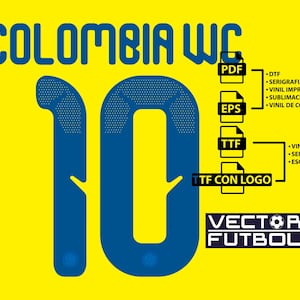 以下が含まれることがあります： 青色の「COLOMBIA WC」の文字と大きな青色の数字「10」が描かれた黄色のグラフィックデザイン。 デザインには、ファイルタイプのアイコン（PDF、EPS、TTF）とテキスト「VECTOR FUTBOL」が含まれています。