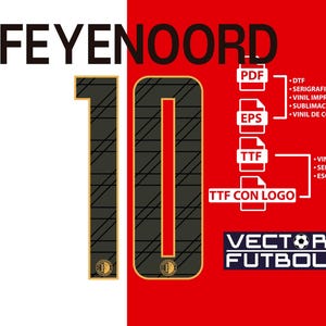 Op de afbeelding: Een grafisch ontwerp met het woord "FEYENOORD" in zwart, met het nummer "10" in zwart en goud. Het ontwerp bevat bestandstype-pictogrammen (PDF, EPS, TTF) en de tekst "VECTOR FUTBOL" in een witte doos op een rode en witte achtergrond.