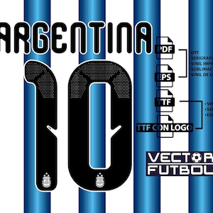 Puede incluir: Un diseño digital con la palabra "ARGENTINA" en negro sobre el número "10" en negro con un contorno azul. El fondo tiene rayas verticales azules y blancas. Incluye iconos de tipo de archivo y el texto "VECTOR FUTBOL".