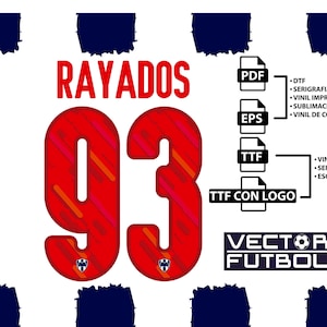 Puede incluir: Un diseño gráfico con la palabra "RAYADOS" en rojo, y un gran "93" rojo en el centro. El diseño incluye iconos de tipo de archivo (PDF, EPS, TTF) y el texto "VECTOR FUTBOL". El fondo es blanco con detalles azules.