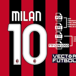 Può includere: Una grafica digitale che presenta la parola MILAN sopra il numero 10 in bianco con un sottile contorno grigio, su uno sfondo di strisce verticali nere e rosse. Il numero 10 include un piccolo logo circolare alla base di ogni cifra.