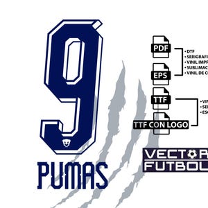 Puede incluir: Un gráfico del número 9 en azul oscuro con borde blanco y un pequeño logo de Pumas en la base, acompañado de la palabra PUMAS en azul oscuro. El diseño incluye marcas de garras grises y una lista de formatos de archivo PDF, EPS, TTF y TTF CON LOGO.