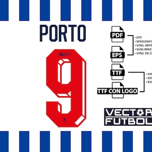 Op de afbeelding: Een digitale afbeelding met het woord PORTO in donkerblauw boven een groot rood cijfer 9. Rechts staan iconen voor de bestandsformaten PDF, EPS, TTF en TTF CON LOGO met tekstlabels. Rechtsonder staat de tekst VECTOR FUTBOL.