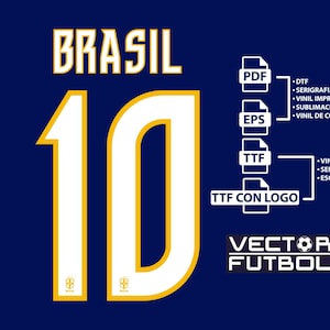 Op de afbeelding: Een marineblauwe afbeelding met het woord "BRASIL" in geel en wit, en het nummer "10" in wit met gele rand. De afbeelding bevat bestandstype-pictogrammen en tekst met betrekking tot printmethoden. Het Vector Futbol-logo staat onderaan.