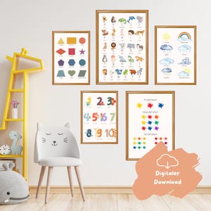 School enrollment gift for schoolchild, learning poster set, school start gift idea poster children&#39;s room decoration, ABC numbers colors shapes weather