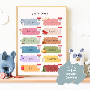 Monate Poster Kinder | Jahreskalender Lernposter | Monate mit Motiven & Tagen | Kita | Vorschule | Grundschule | Digitaler Download | Druck