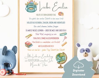May include: A framed print with the text "Liebe Emilia" and other German text, featuring illustrations of school supplies, a backpack, and a globe. The print is in a wooden frame and includes the words "Digital Download".