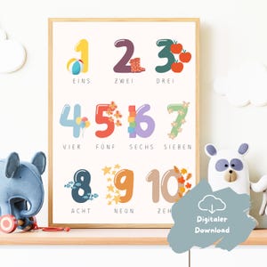 Number poster 1 to 10 for children, learn to count with motifs, learning poster daycare school, gift school enrollment birthday children&#39;s room decoration print