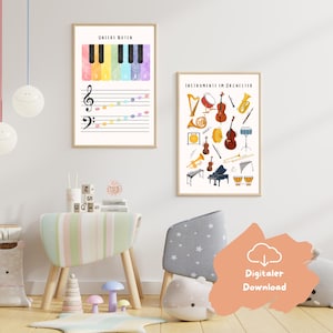 Paquete de carteles de aprendizaje musical con instrumentos de orquesta, carteles de aprendizaje musical para niños, regalo para la inscripción escolar, cumpleaños, ayuda de aprendizaje, decoración de la habitación de los niños