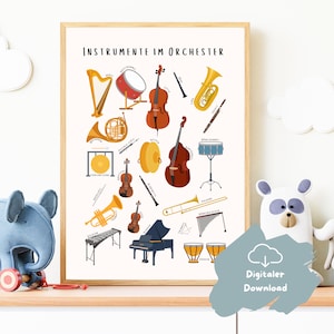Póster de aprendizaje de música para niños, póster con instrumentos de orquesta, decoración de la escuela de música para la habitación infantil, regalo para la inscripción escolar o cumpleaños.