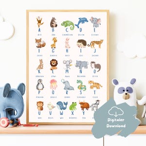 Könnte beinhalten: Ein gerahmtes Alphabet-Poster mit Aquarell-Illustrationen von Tieren, die jeweils einem Buchstaben zugeordnet sind. Zu den Tieren gehören ein Affe, ein Bär, ein Chamäleon, ein Delfin, ein Elefant, ein Fuchs, eine Giraffe, ein Hase, ein Igel und ein Jaguar. Der Text "Digitaler Download".