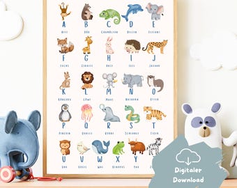ABC-poster met dieren, educatieve poster voor kinderen, letters leren, alfabet, peuterspeelzaal, Montessori, cadeau voor de start van het schooljaar, digitale download